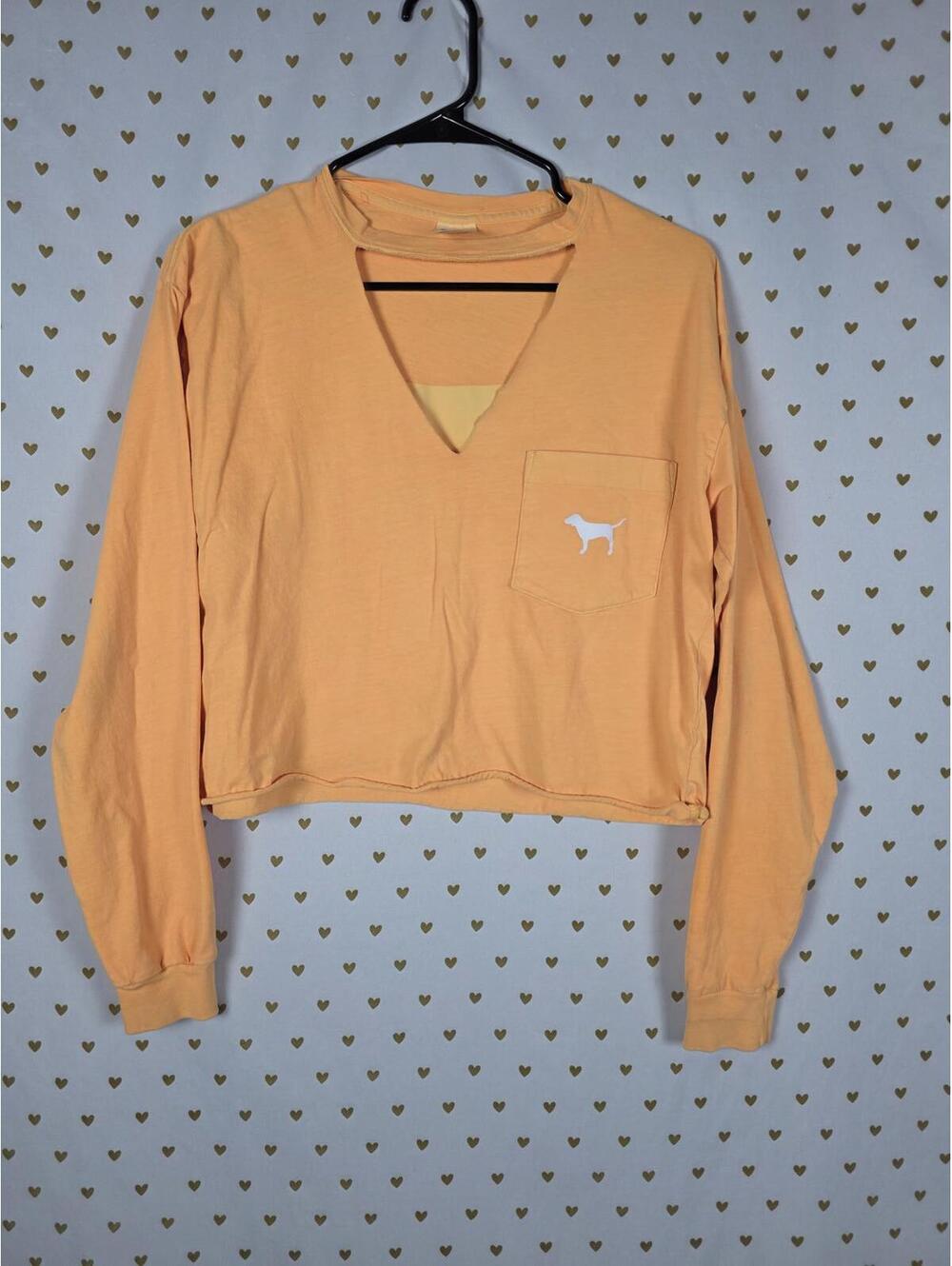 Victorias Secret PINK V Neck Dog Logo Cropped Tee shirt Orange XS